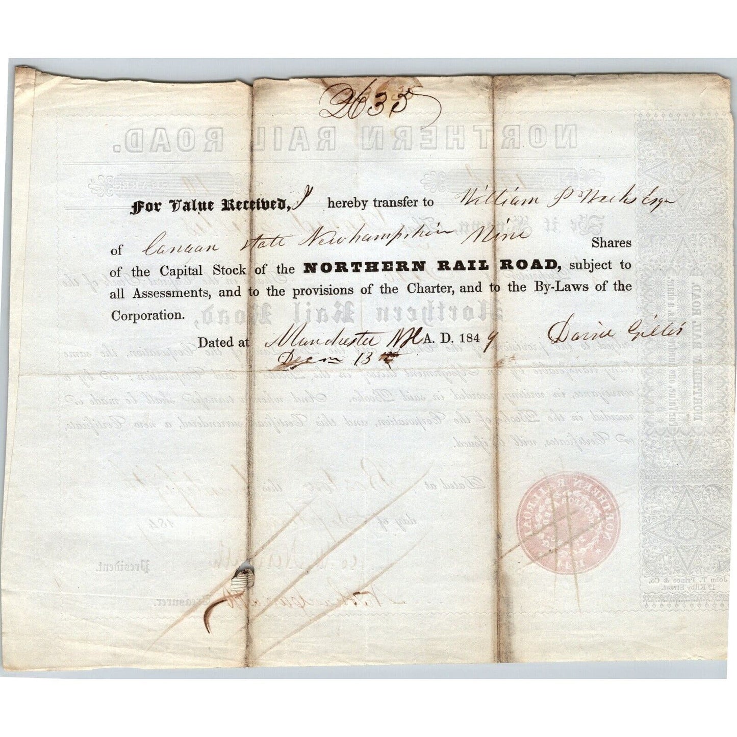1847 Boston, MA Northern Railroad Stock Certificate No. 1908 for 10 Shares