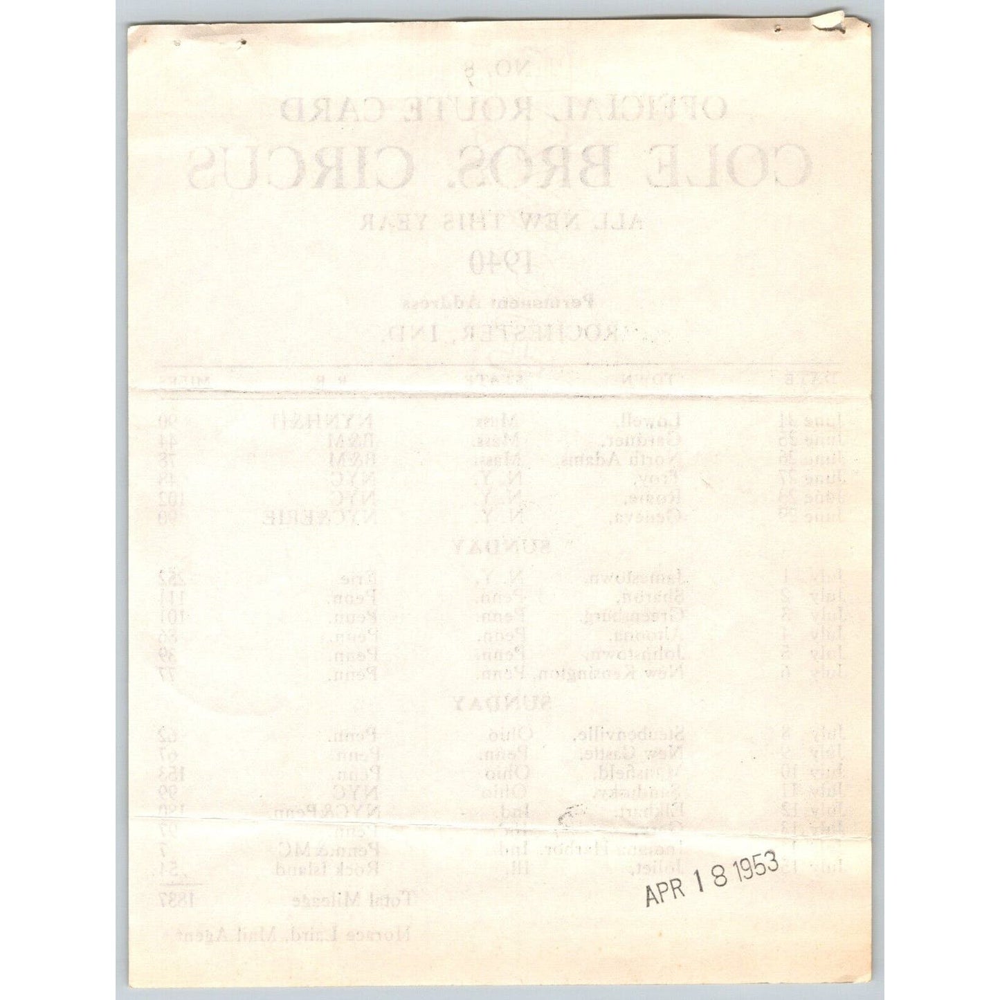 1940 Cole Bros Circus Route Card PA MA NY OH IN IL