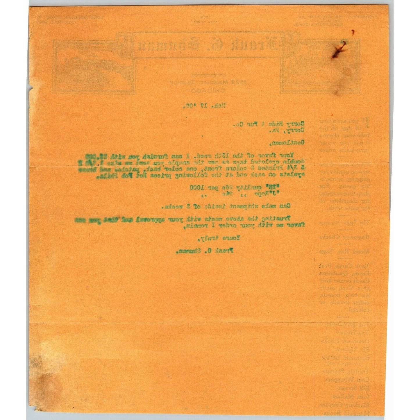 Frank G. Shuman 1909 Letterhead Chicago "Tag Specialist" Baggage Checks Gum Wrap