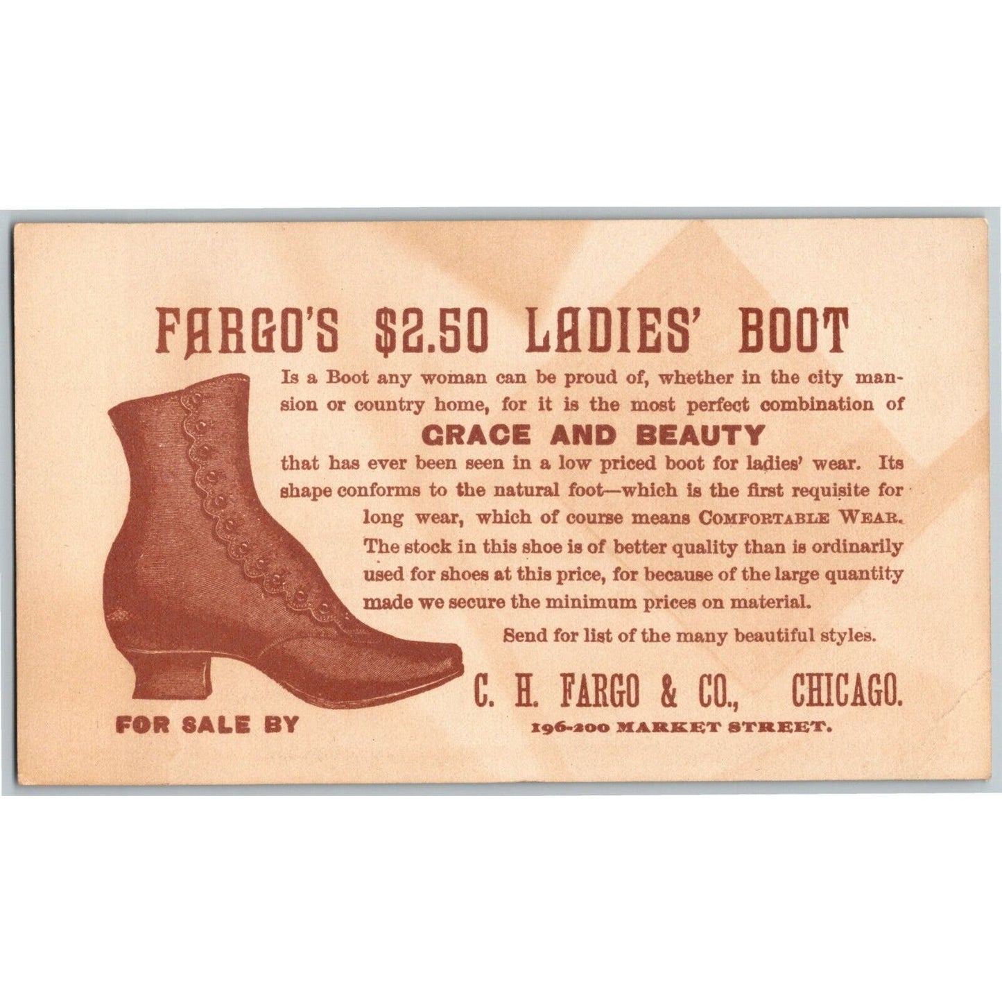 Large Scarce 1893 Chicago World's Fair Trade Card C. H. Fargo & Co. $2.50 Boot