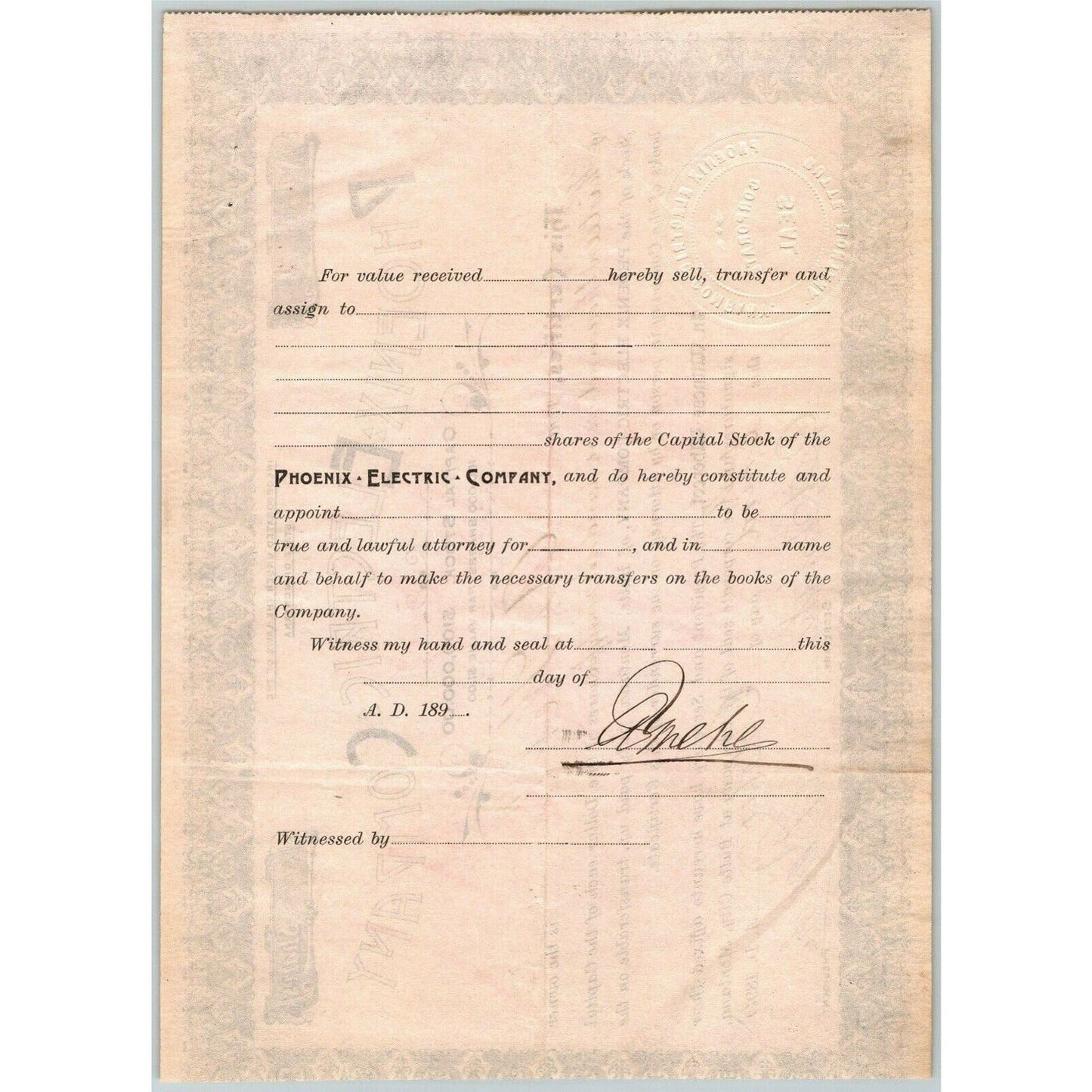 Butte, MT "Phoenix Electric Company" 1895 Stock Certificate Issue #1 Scarce