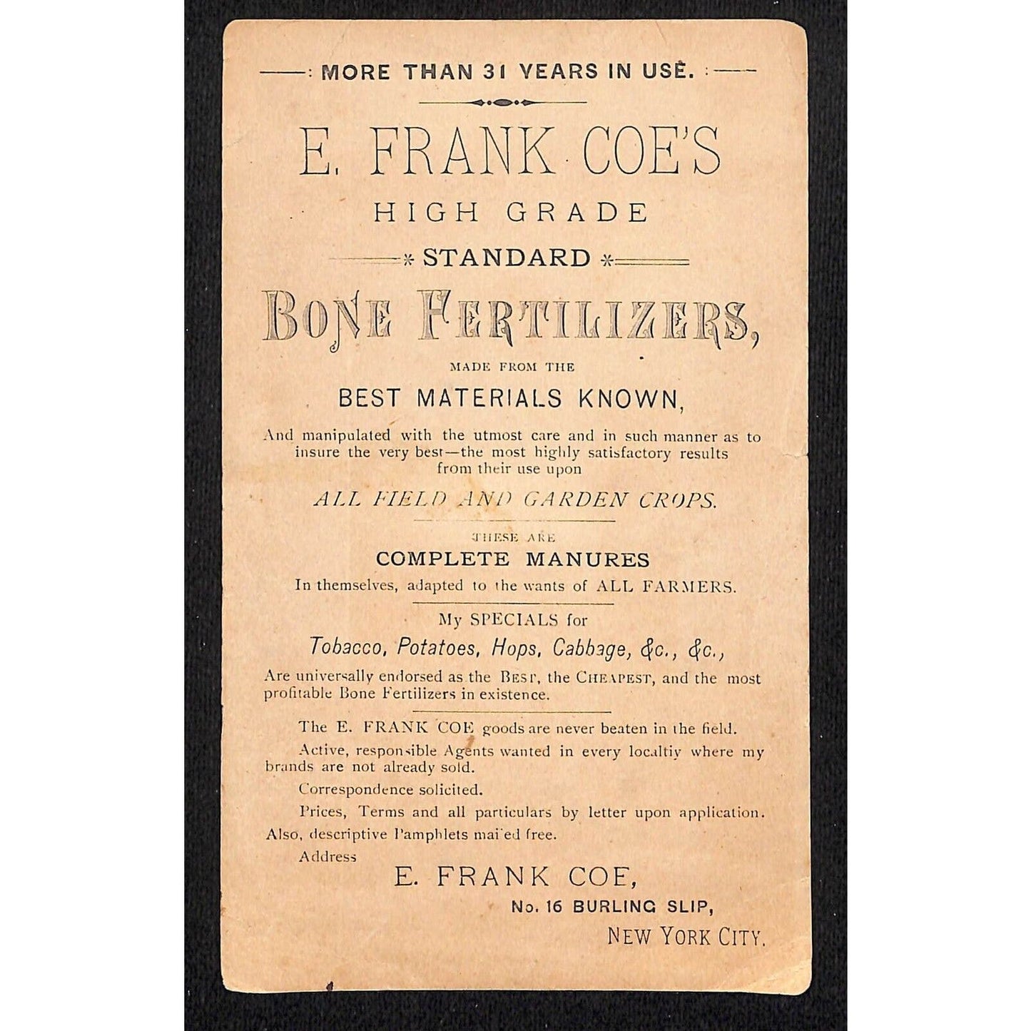 E. Frank Coe's Bone Fertilizer New York City Victorian Trade Card Man w/ Scythe