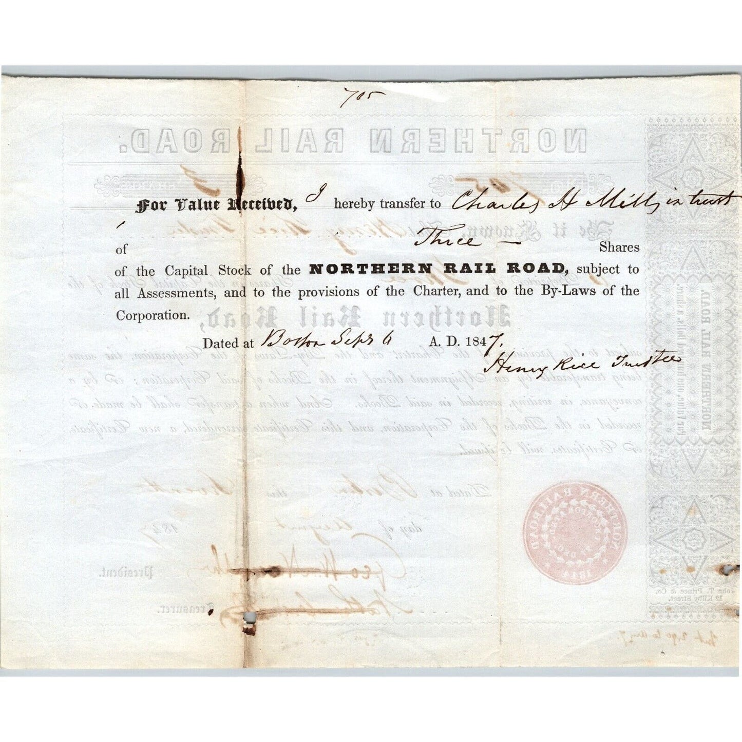 1847 Boston, MA Northern Railroad Stock Certificate No. 705 for 3 Shares