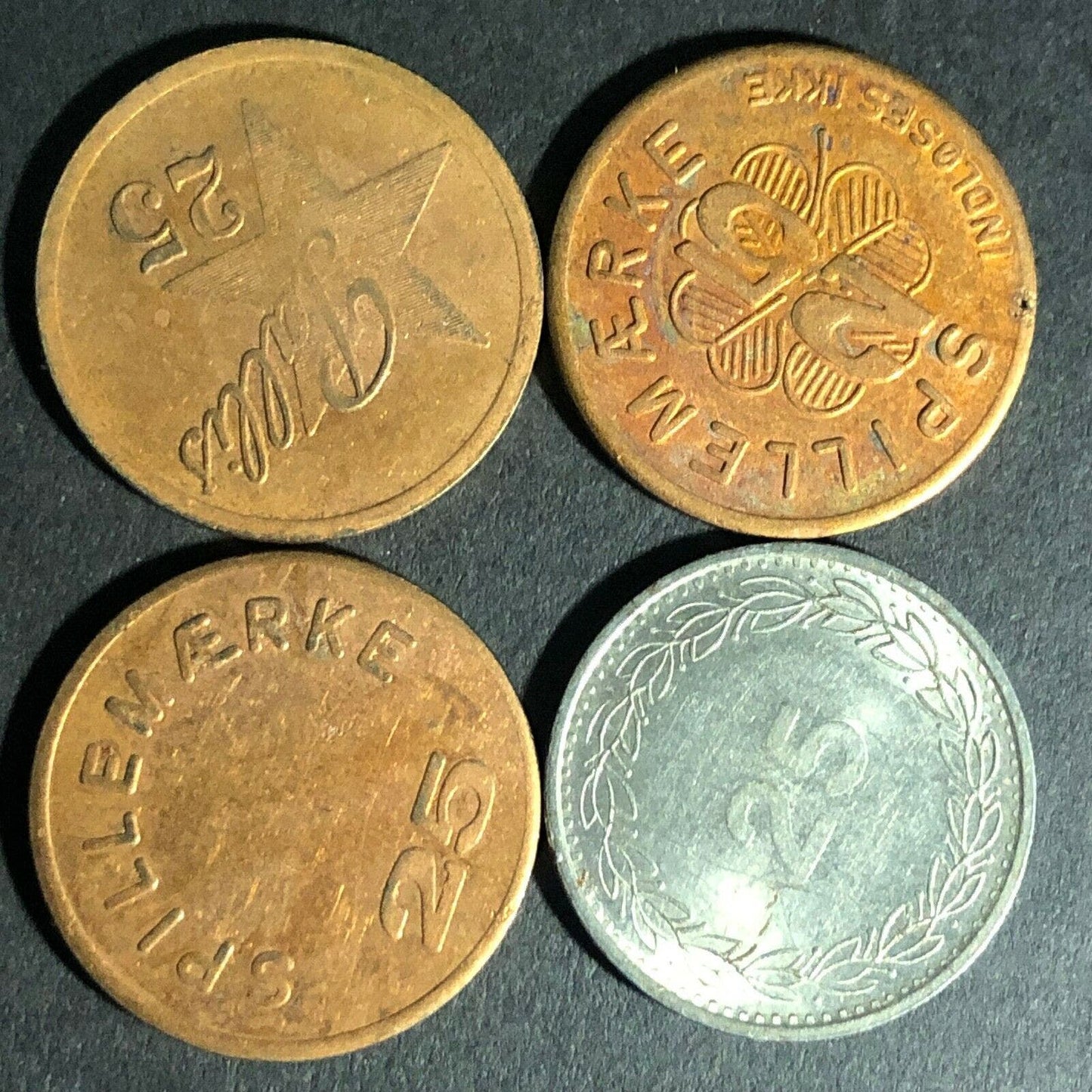 Group of 95 Amusement / Vending Spillemaerke Copper Bronze Tokens from Denmark