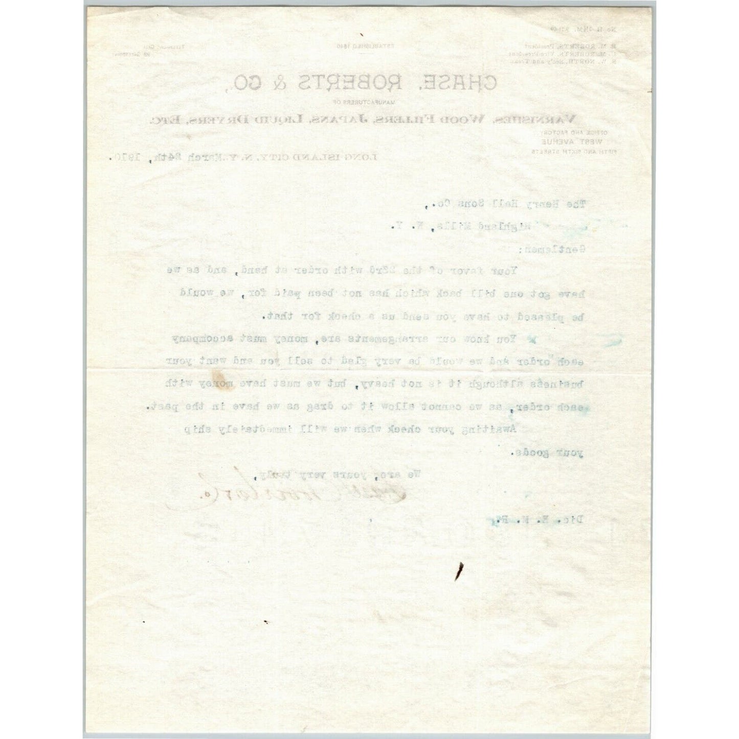 Long Island City NY Billhead Letterhead 1910 Chase, Roberts & Co. Varnish Japans