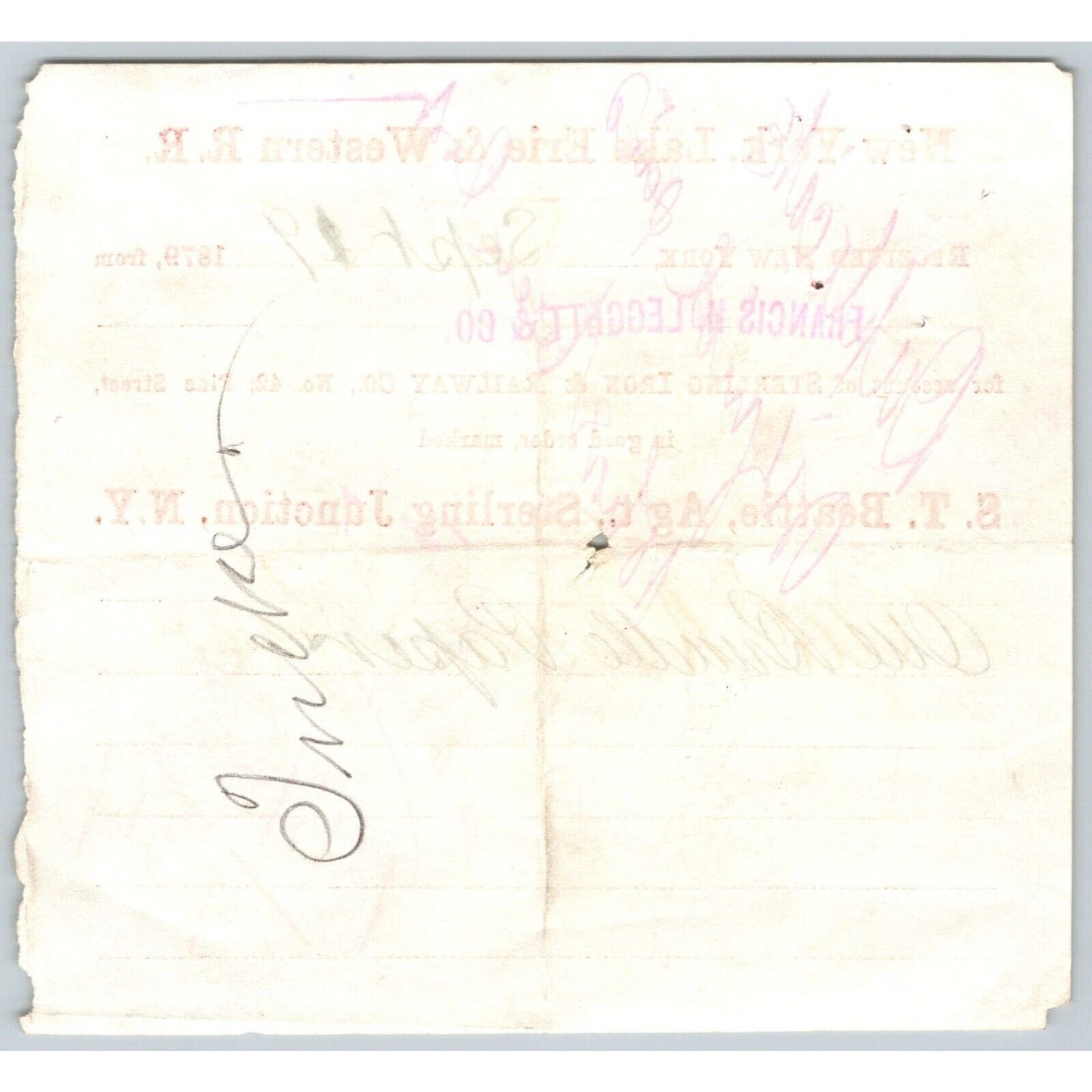 New York, Lake Erie & Western R.R. 1879 Railroad Freight Billhead Bundle Paper