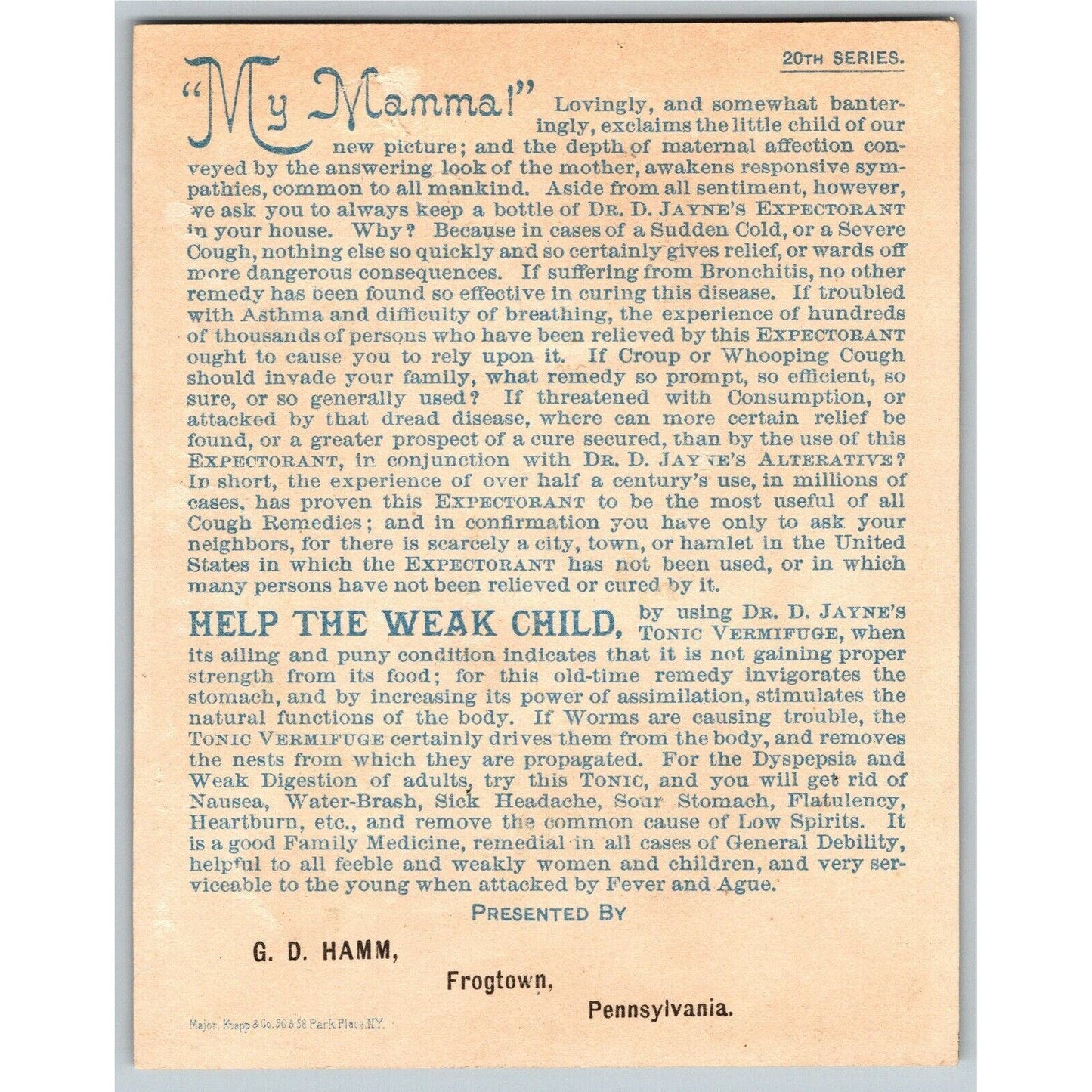 Dr. Jayne's Expectorant G. D. Hamm, Frogtown, PA Cat Large Victorian Trade Card