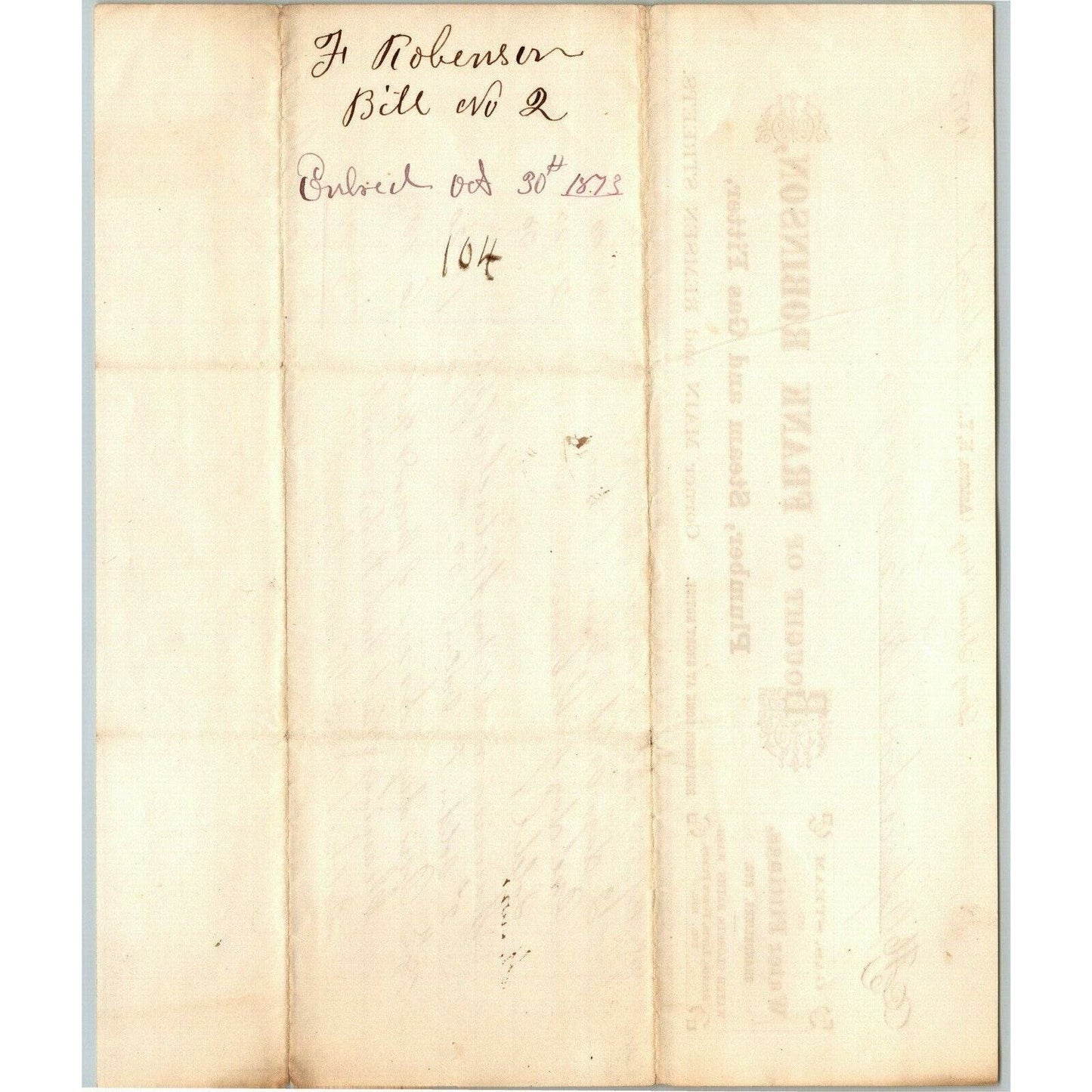 Astoria LIC NY Letterhead Billhead 1873 Frank Robinson Plumber Steam Gas Fitter