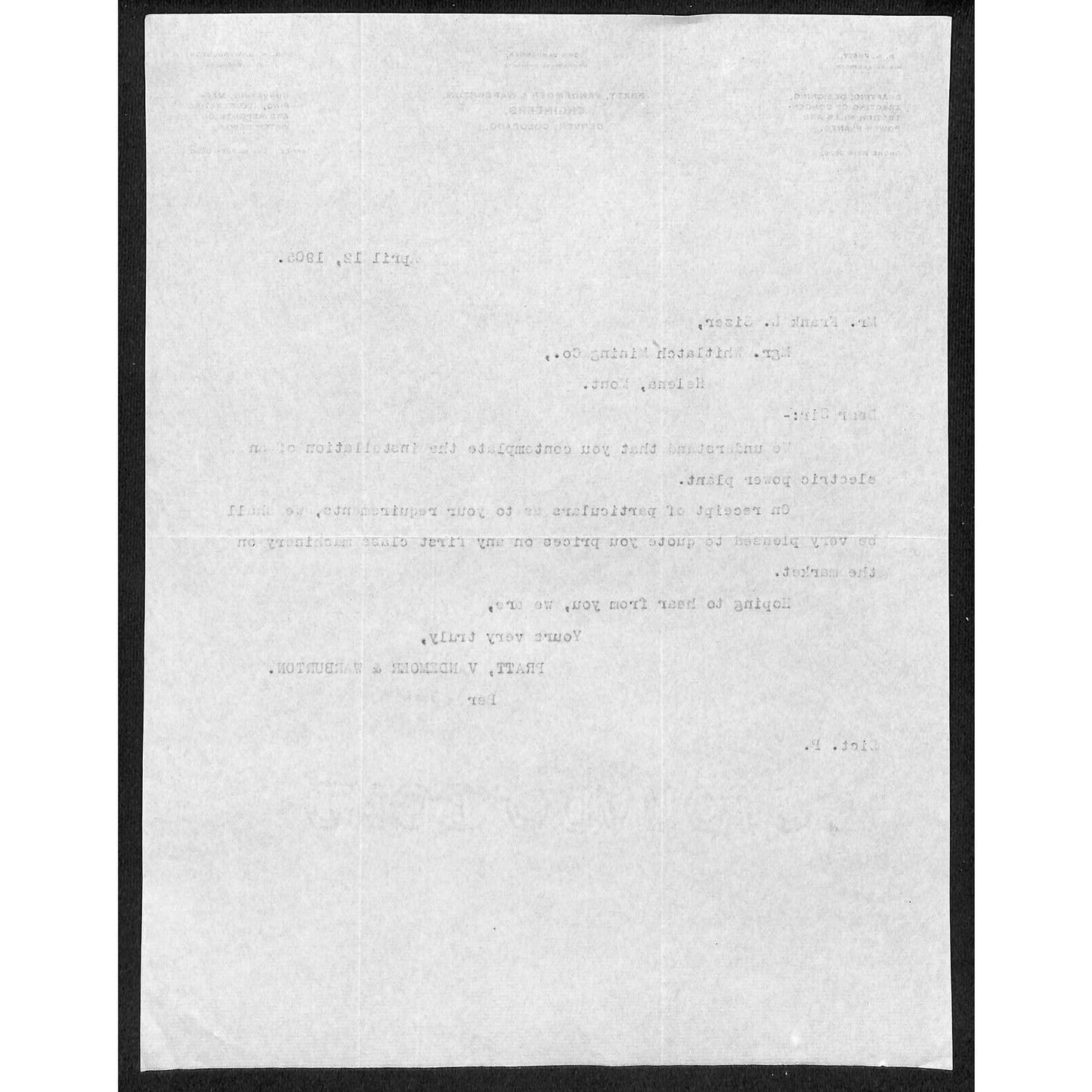 Denver, CO Pratt, Vandemoer & Warburton Engineers 1905 Letterhead