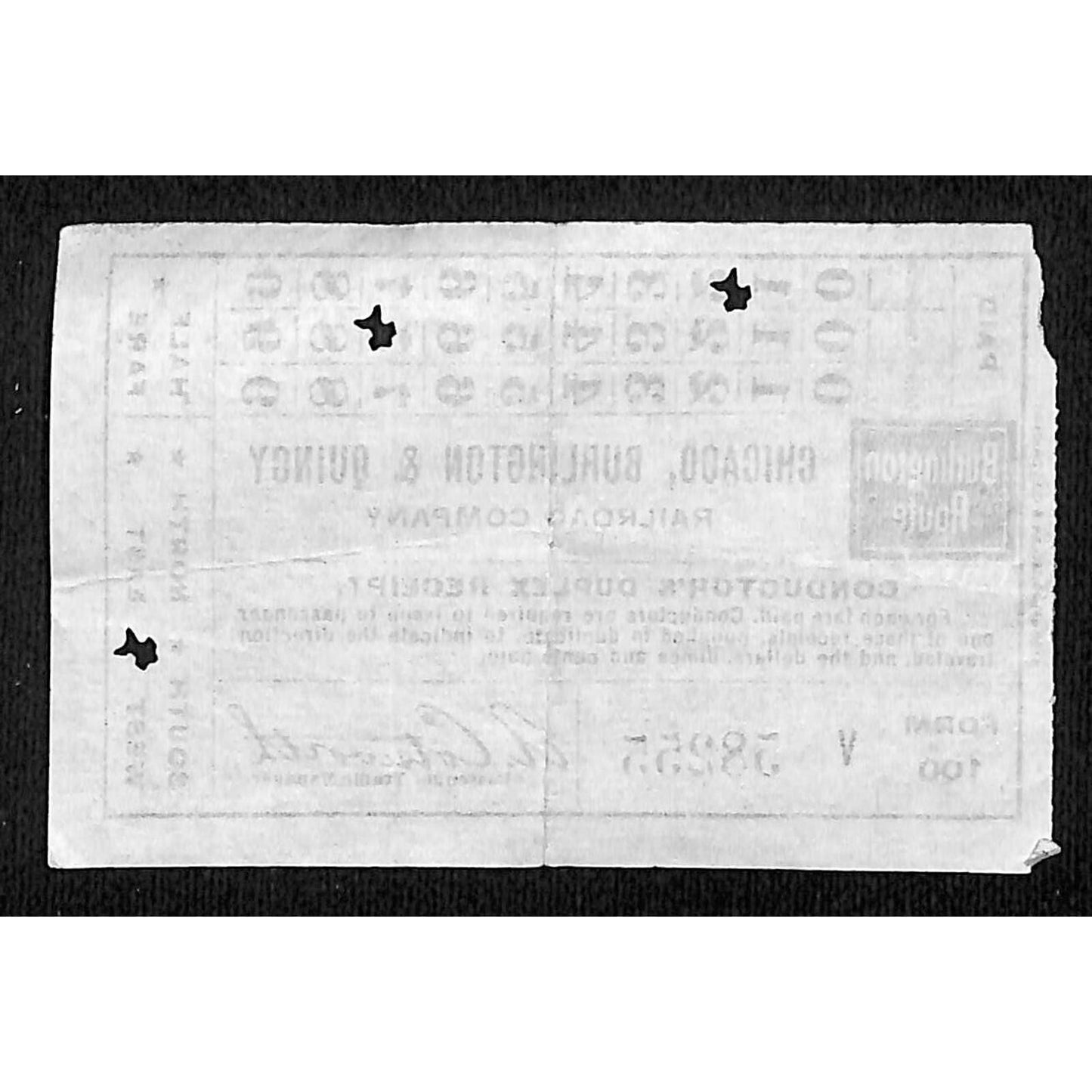 Chicago, Burlington & Quincy Railroad Conductor's Duplex Receipt #58255