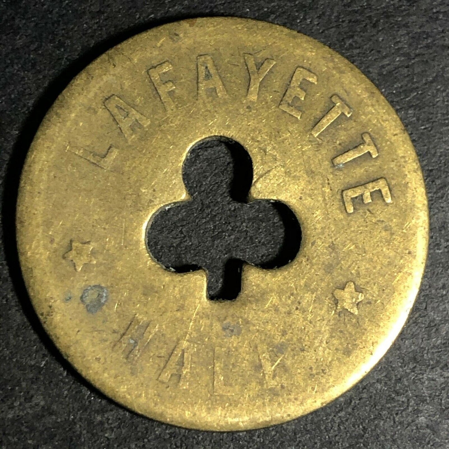 24.5mm Brass Lafayette Hall (Saloon Sacramento, CA) Token Clover Shamrock (#36)