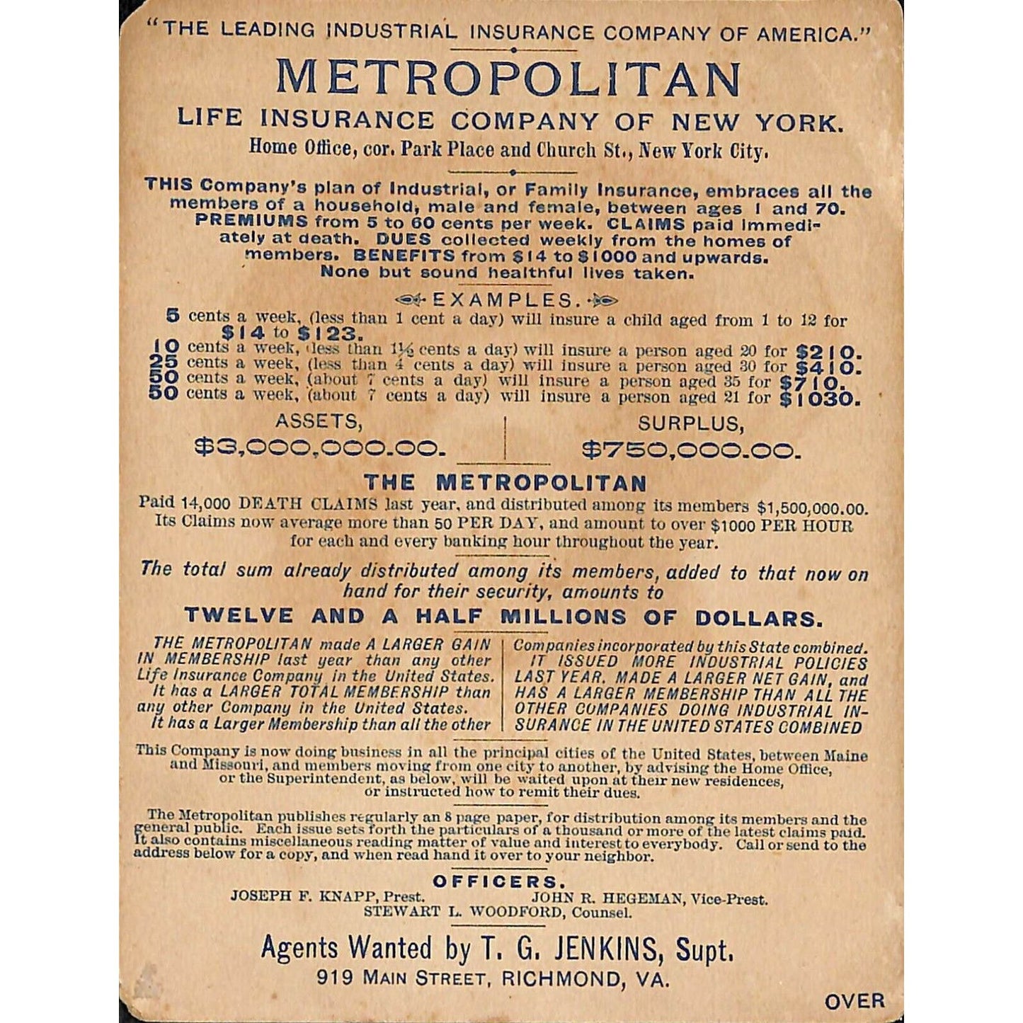 Metropolitan Life Insurance Jenkins Richmond, VA Large Victorian Trade Card
