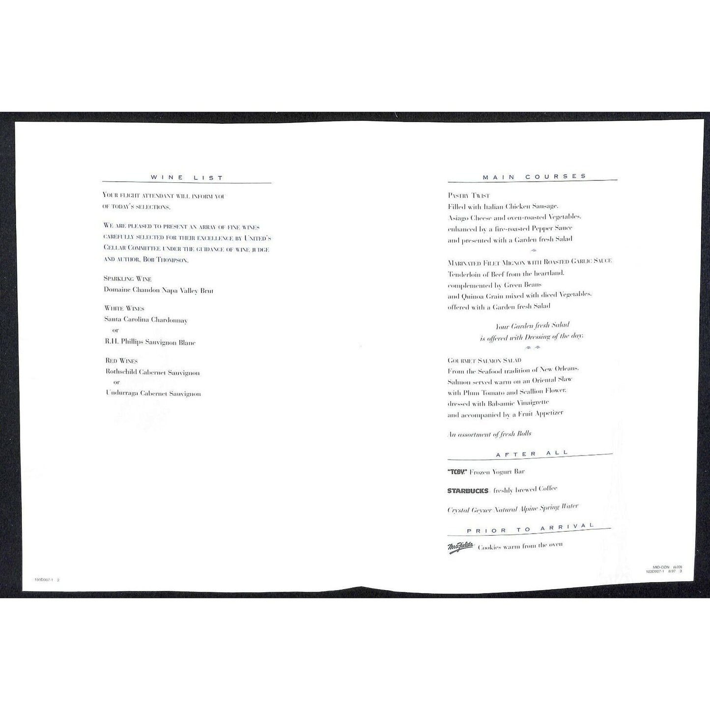 1997 United Airlines First Class Main Course Menu / Wine List