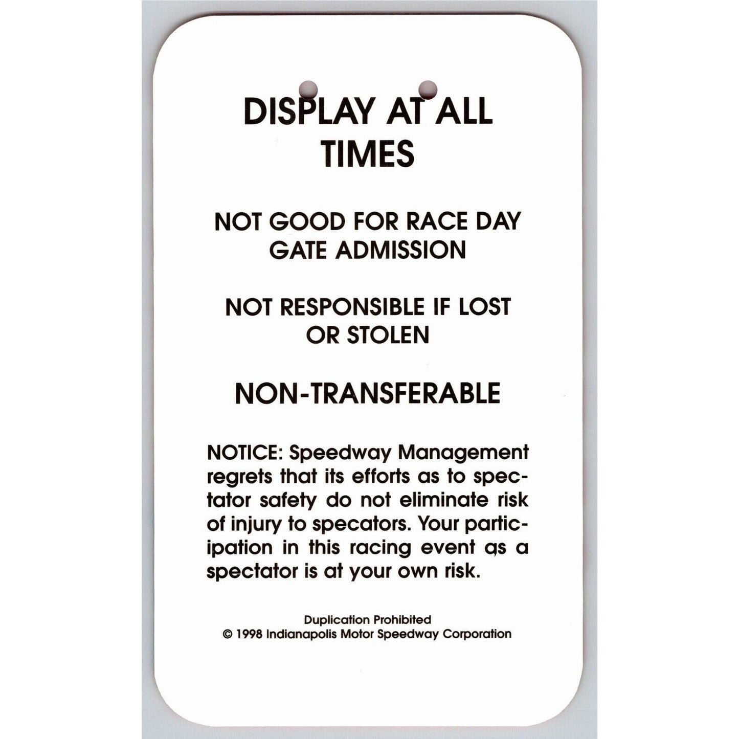 1998 Indy 500 V.I.P Pre-Race Turn 1 Garage Pit Pass VGC VIP Indianapolis #5125