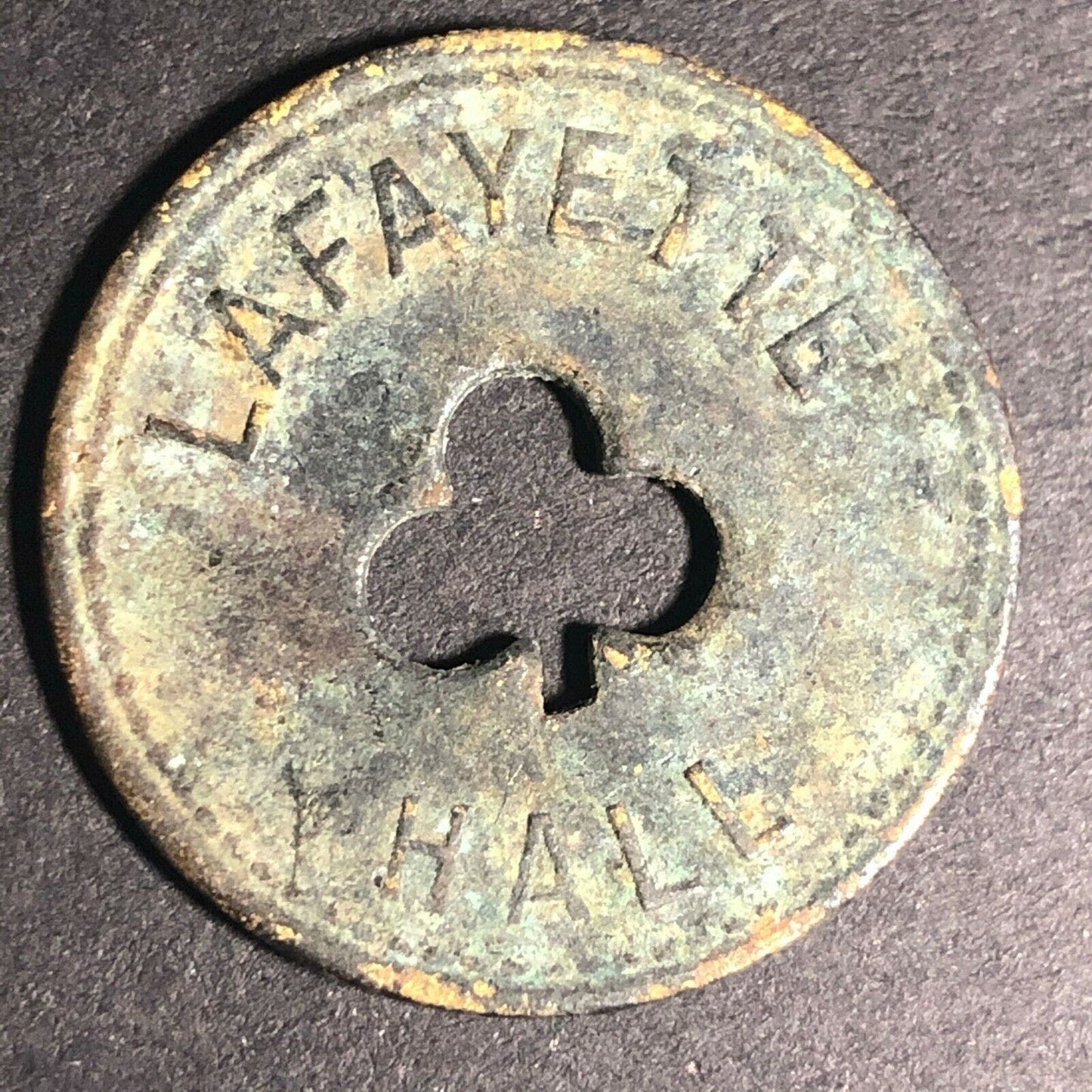 24.5mm Brass Lafayette Hall (Saloon Sacramento, CA) Token Clover Shamrock (#10)