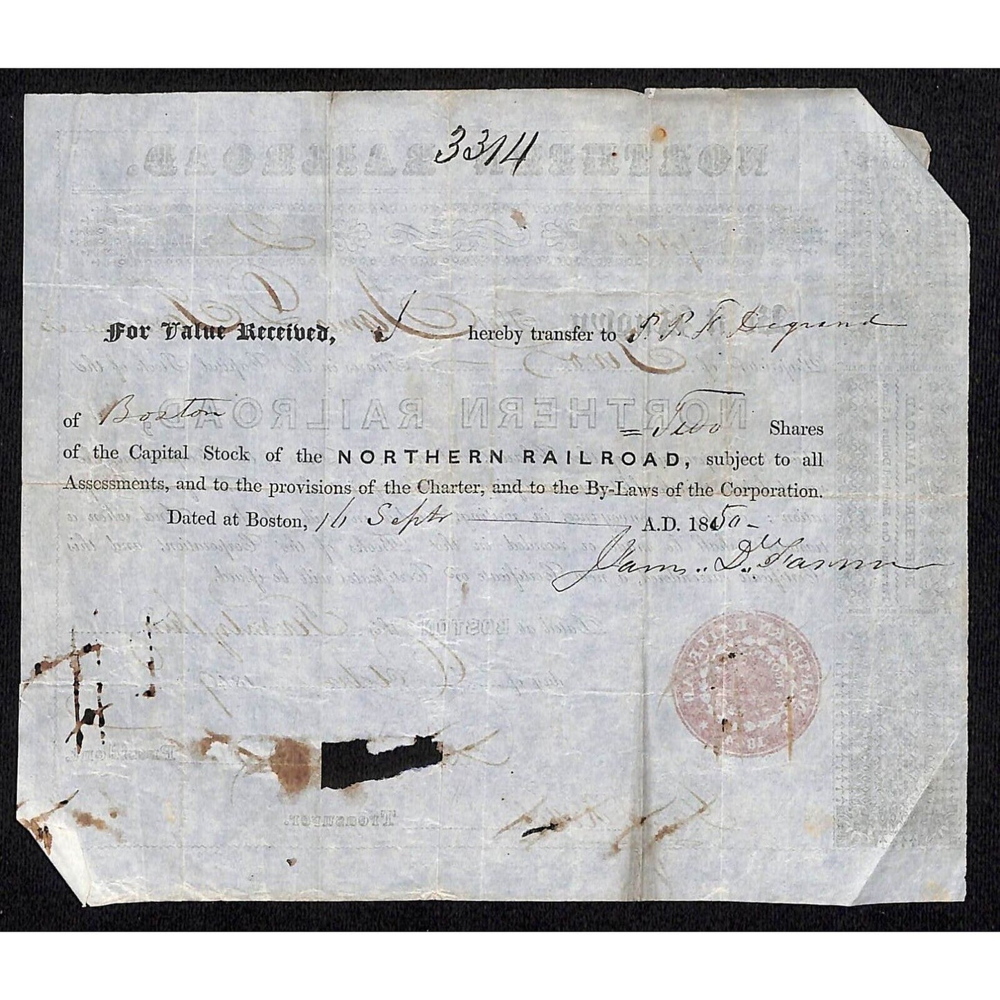 1849 Boston, MA Northern Railroad Stock Certificate No. 7400 for 2 Shares