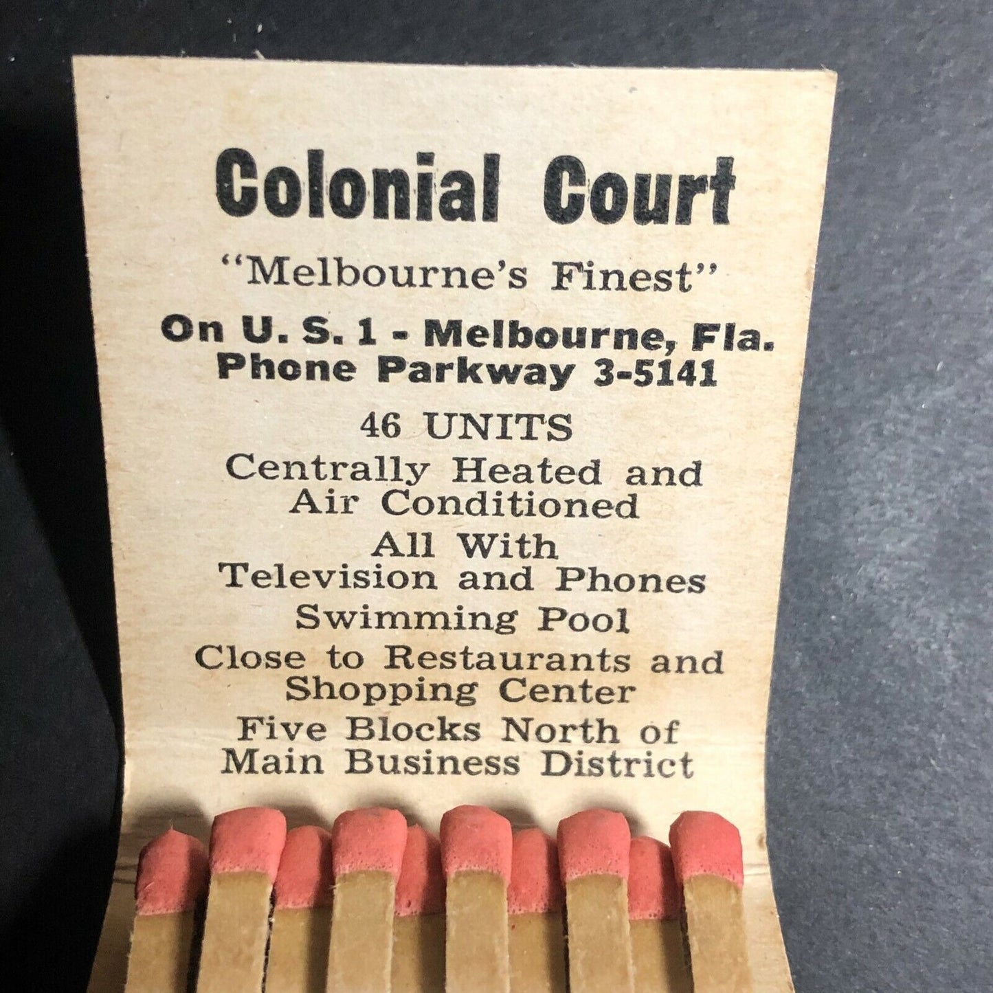 1940-50's Full Matchbook Advertising - Colonial Court - Melbourne, FLA