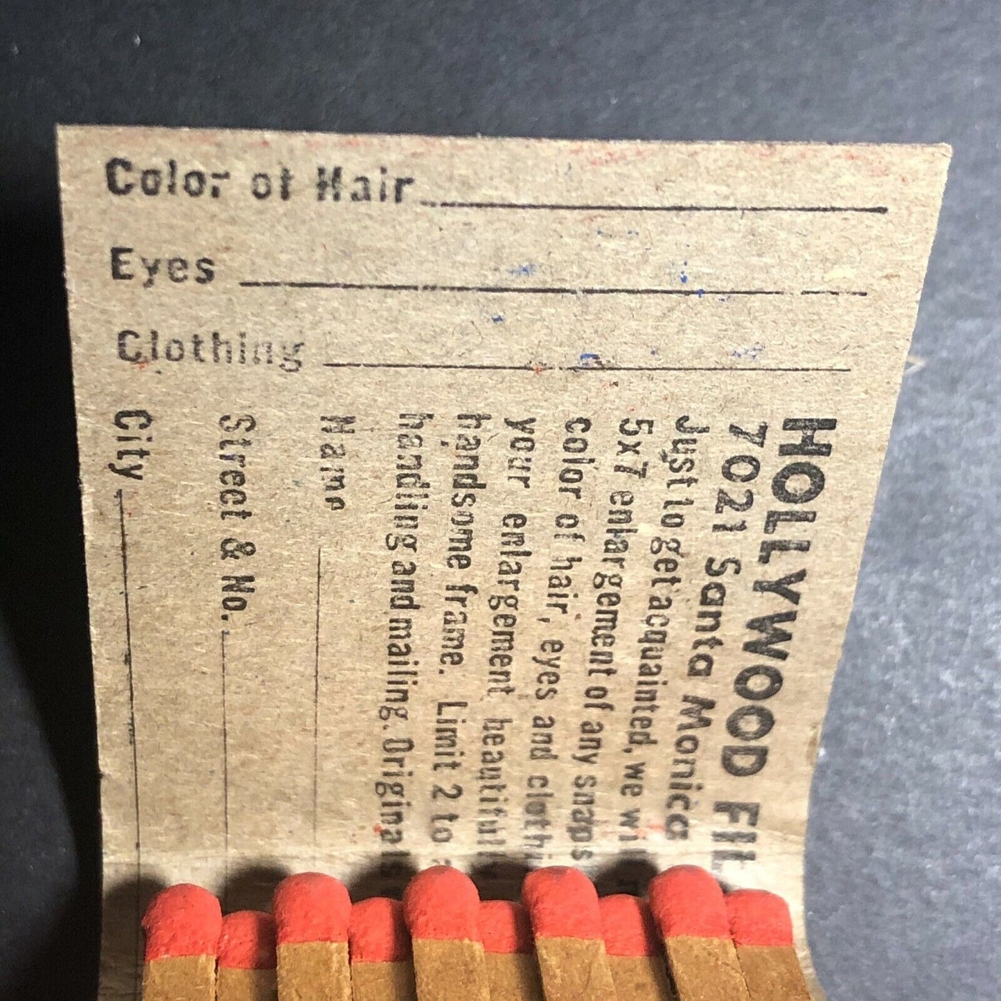 1940's-50's Full Matchbook "Free 5 x 7 Enlargement" Offer Hollywood, CA