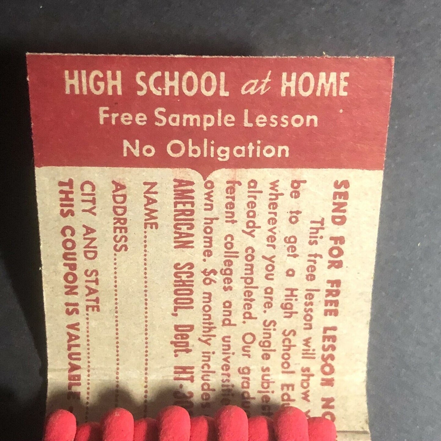 1940's-50's Full Matchbook - "Hands Tied?" HS Diploma at Home $6 a Month