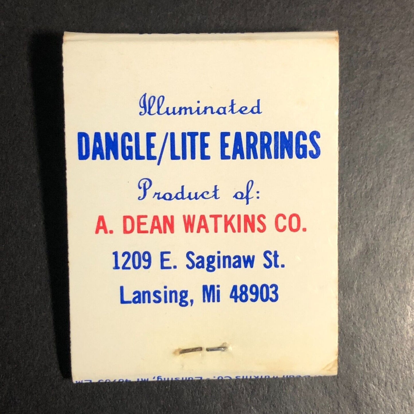 Lansing, MI A. Dean Watkins Dangle Lite Earrings Full Matchbook c1965-73