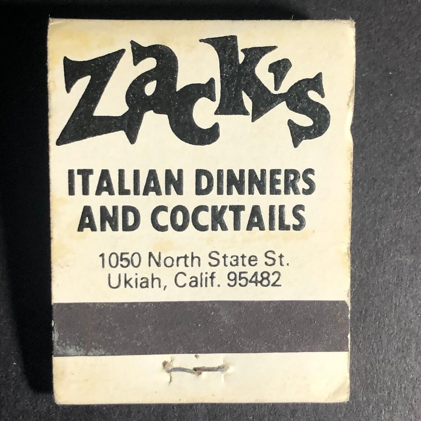 Zack's Italian Dinners Restaurant Ukiah, CA 20-Strike Matchbook c1980's VGC
