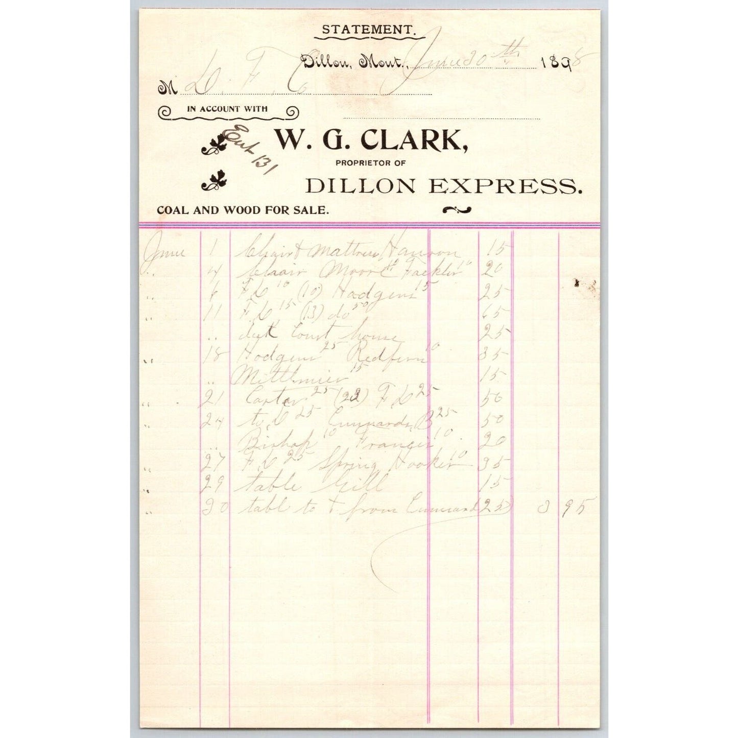 Dillon, MT W.G. Clark Dillon Express Expressman Coal & Wood July 1898 Billhead