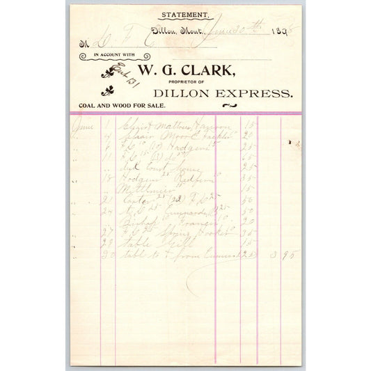 Dillon, MT W.G. Clark Dillon Express Expressman Coal & Wood July 1898 Billhead