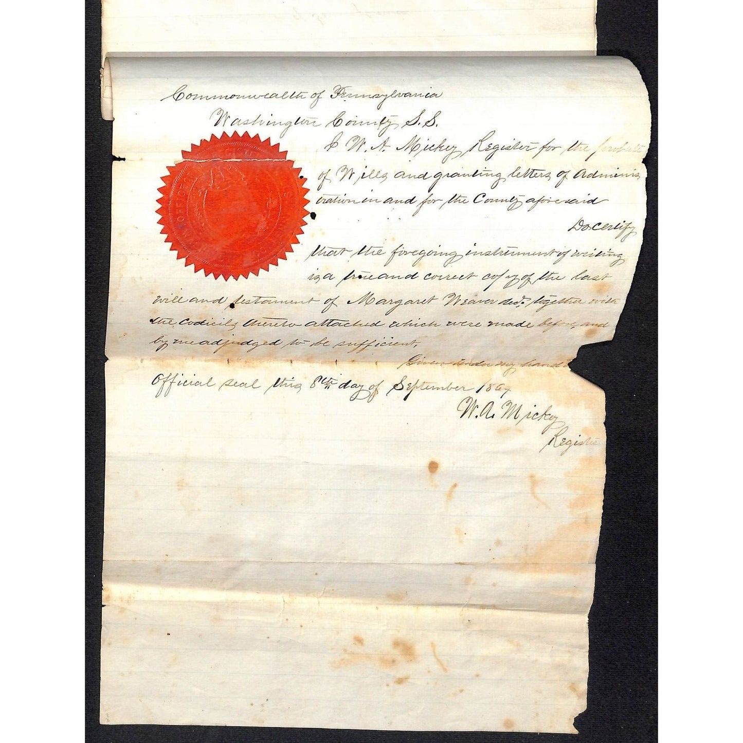 Margaret Weaver West Bethlehem, PA 1864 5pp Last Will Document