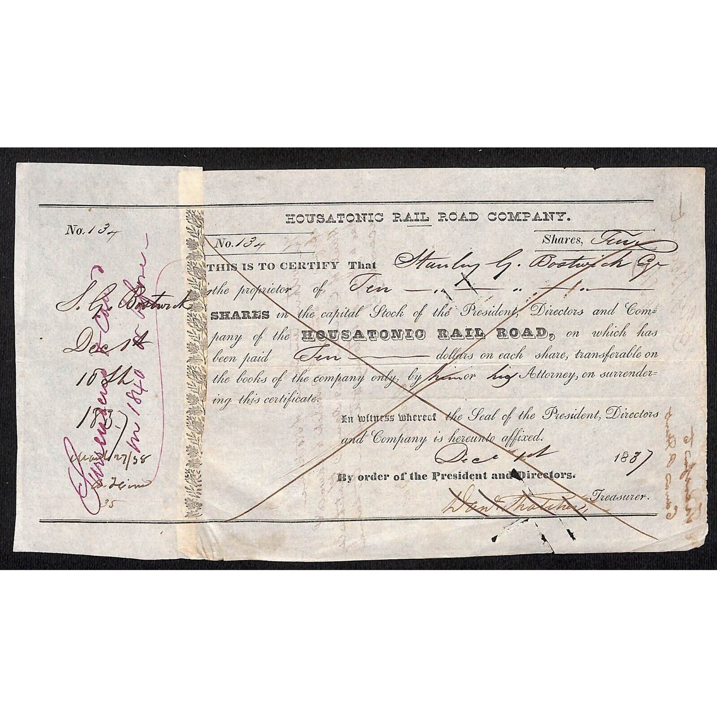 Housatonic Rail Road 1837 Stock Certificate Stanley G. Bostwick New Milford, CT?