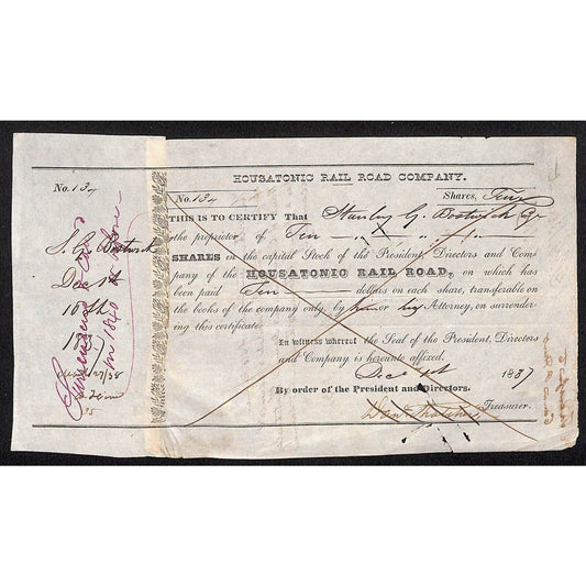 Housatonic Rail Road 1837 Stock Certificate Stanley G. Bostwick New Milford, CT?