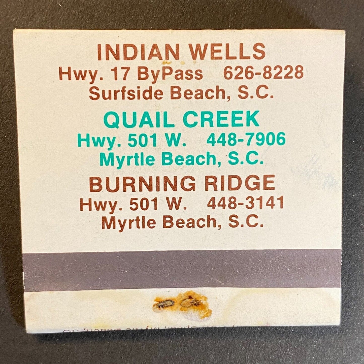 Indian Wells / Quail Creek / Burning Ridge SC Golf Full Matchbook c1974-80's (#1