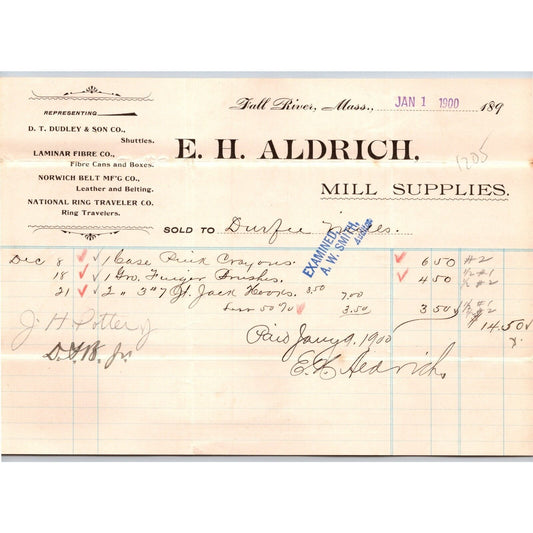 E.H. Aldrich Mill Supplies Fall River, MA 1900 Durfee Mills Billhead