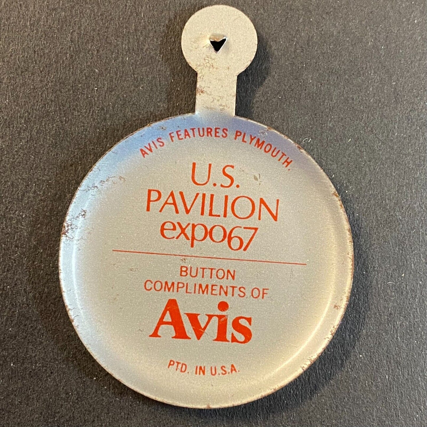 Avis Rent A Car "U.S. Pavilion Expo 67" Steel Fold Over Lapel Pin 1967 Plymouth