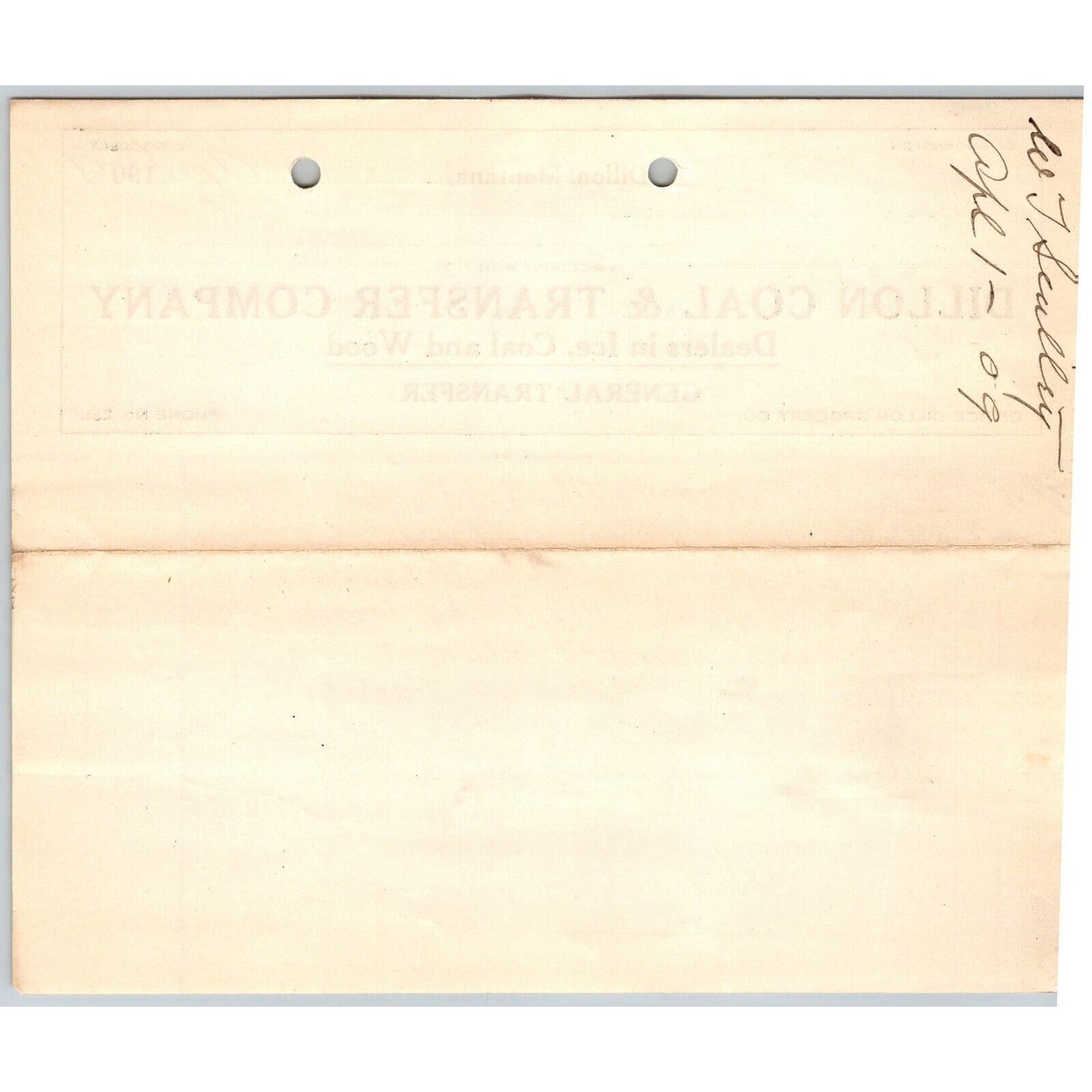 Dillon, MT Dillon Coal & Transfer Co Ice Wood Apr. 1909 Billhead G.T. Paul*