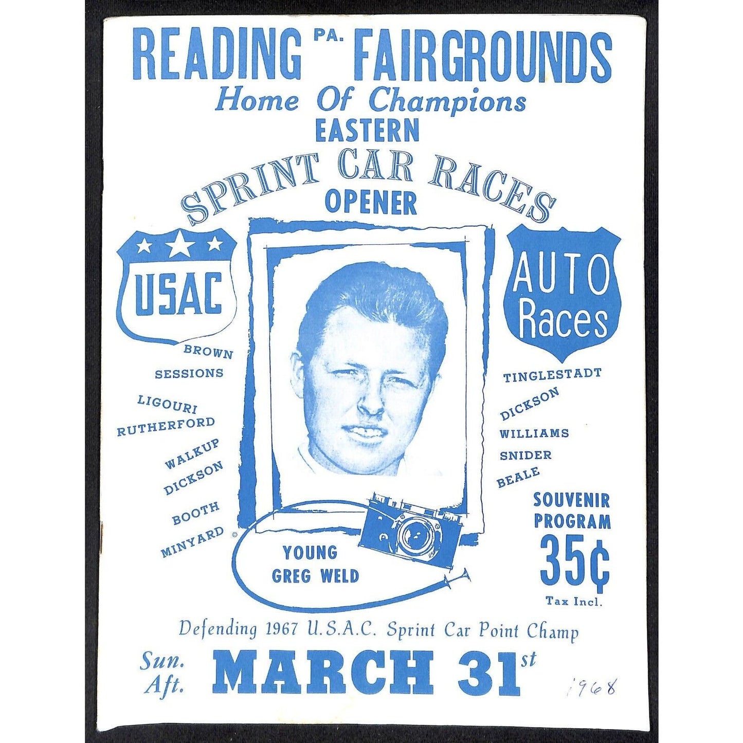 Reading Fairgrounds 1968 USAC Auto Races Program Sprint Car Opener 12pp*