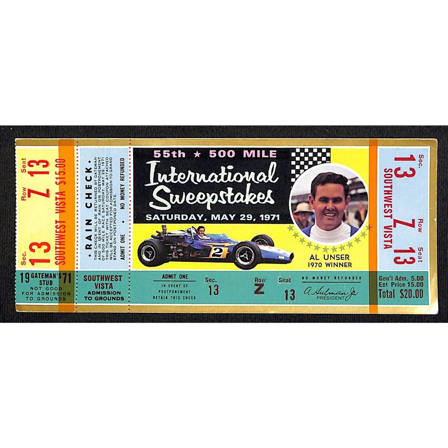 1971 Indianapolis 500 Ticket Stub w/ 1970 Winner Al Unser - 13 Z Seat 13