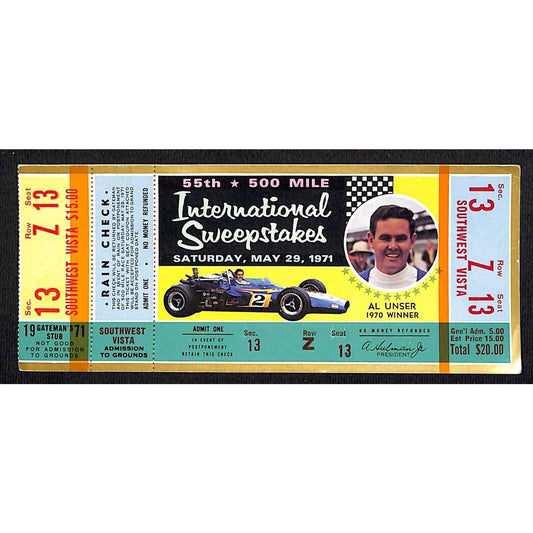 1971 Indianapolis 500 Ticket Stub w/ 1970 Winner Al Unser - 13 Z Seat 13