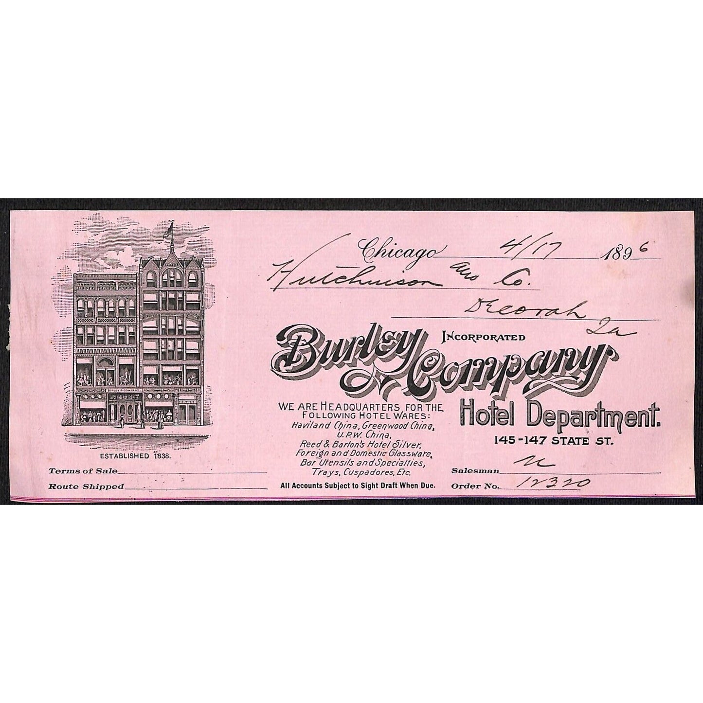 Burley Company Hotel Department H.J. Hutchinson* Decorah Cut 1896 Billhead