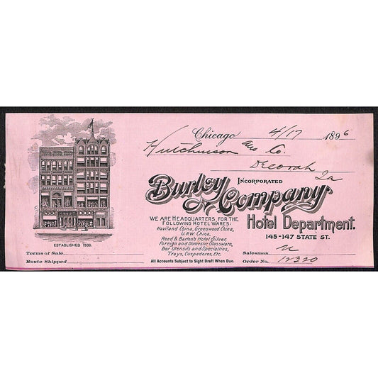 Burley Company Hotel Department H.J. Hutchinson* Decorah Cut 1896 Billhead