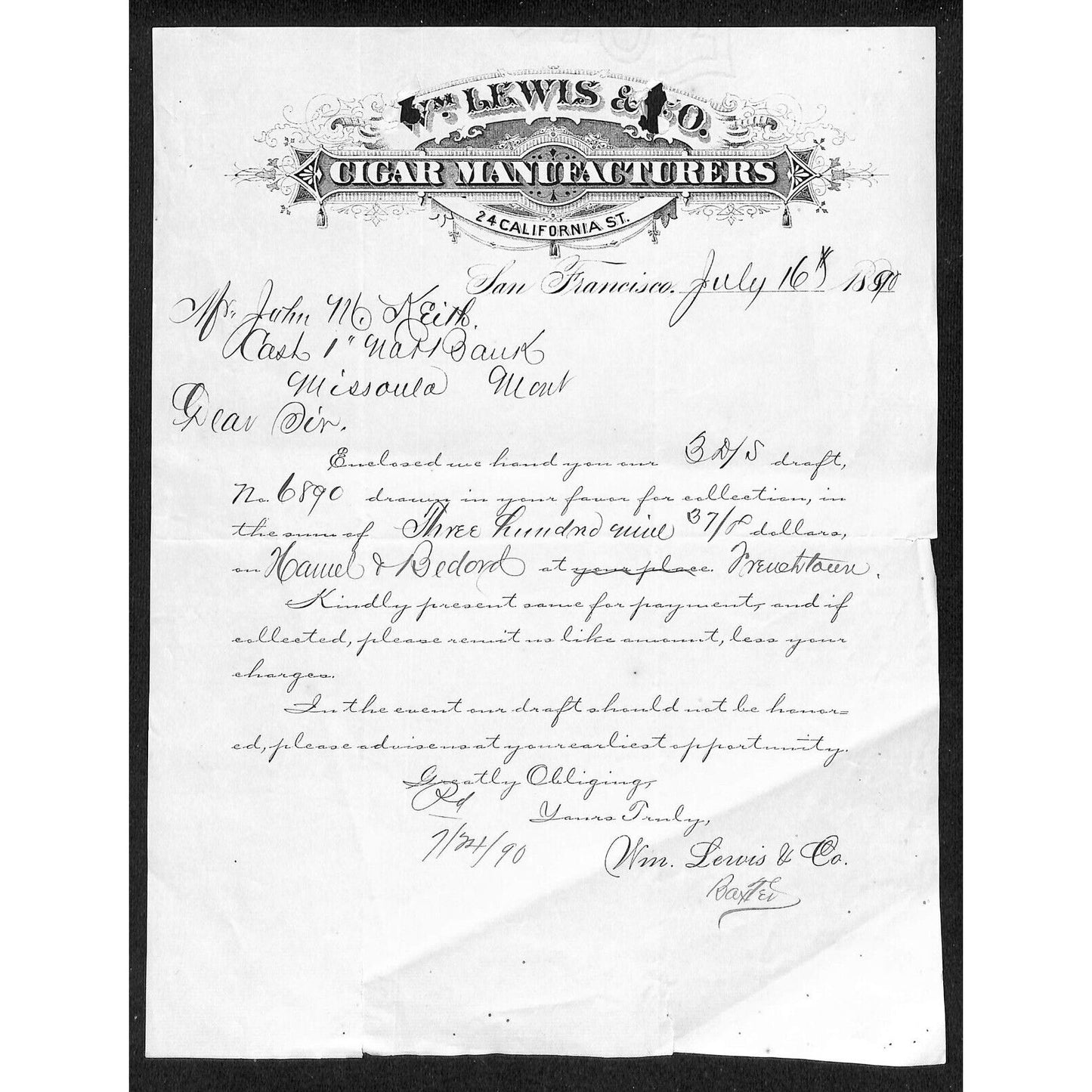 Wm. Lewis & Co. Cigar Manufacturers San Francisco 1890 ALS Letterhead re: Draft