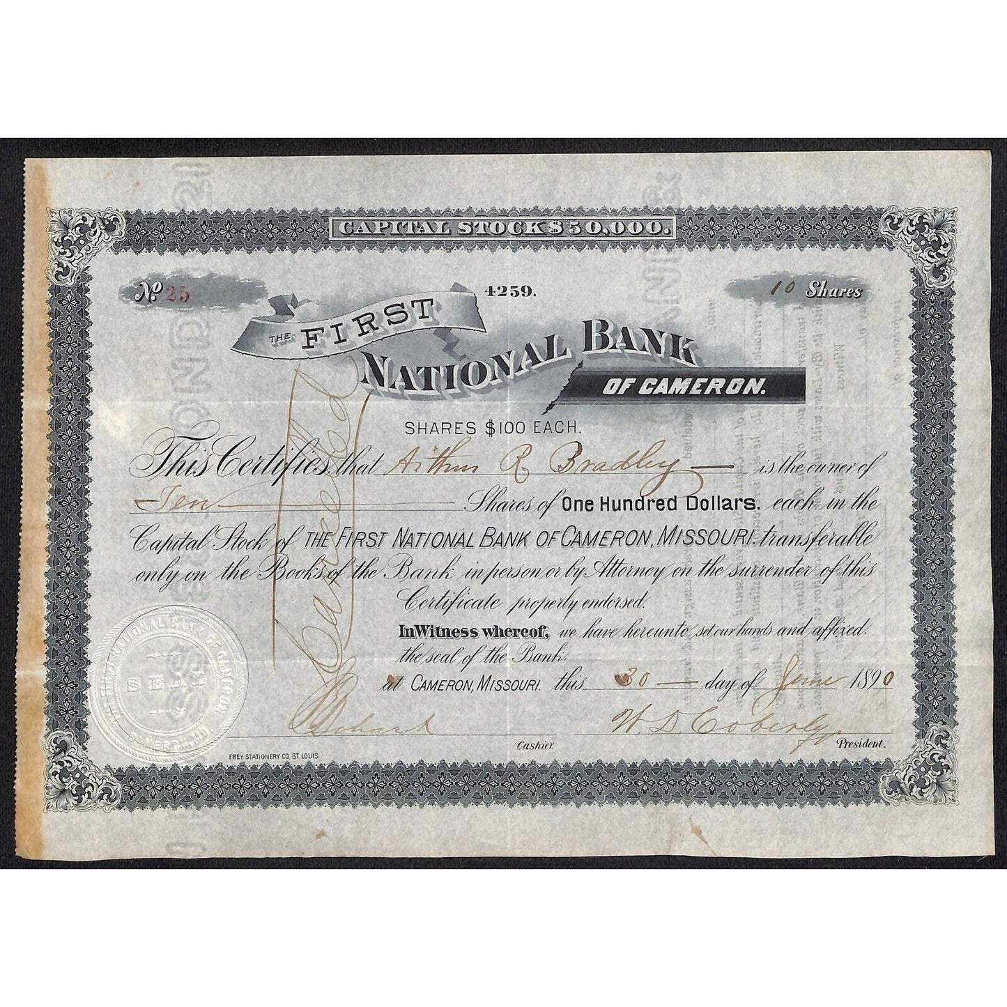 First National Bank of Cameron 1890 Stock Certificate #25 to Arthur R. Bradley