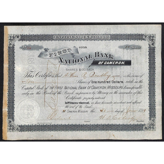 First National Bank of Cameron 1890 Stock Certificate #25 to Arthur R. Bradley