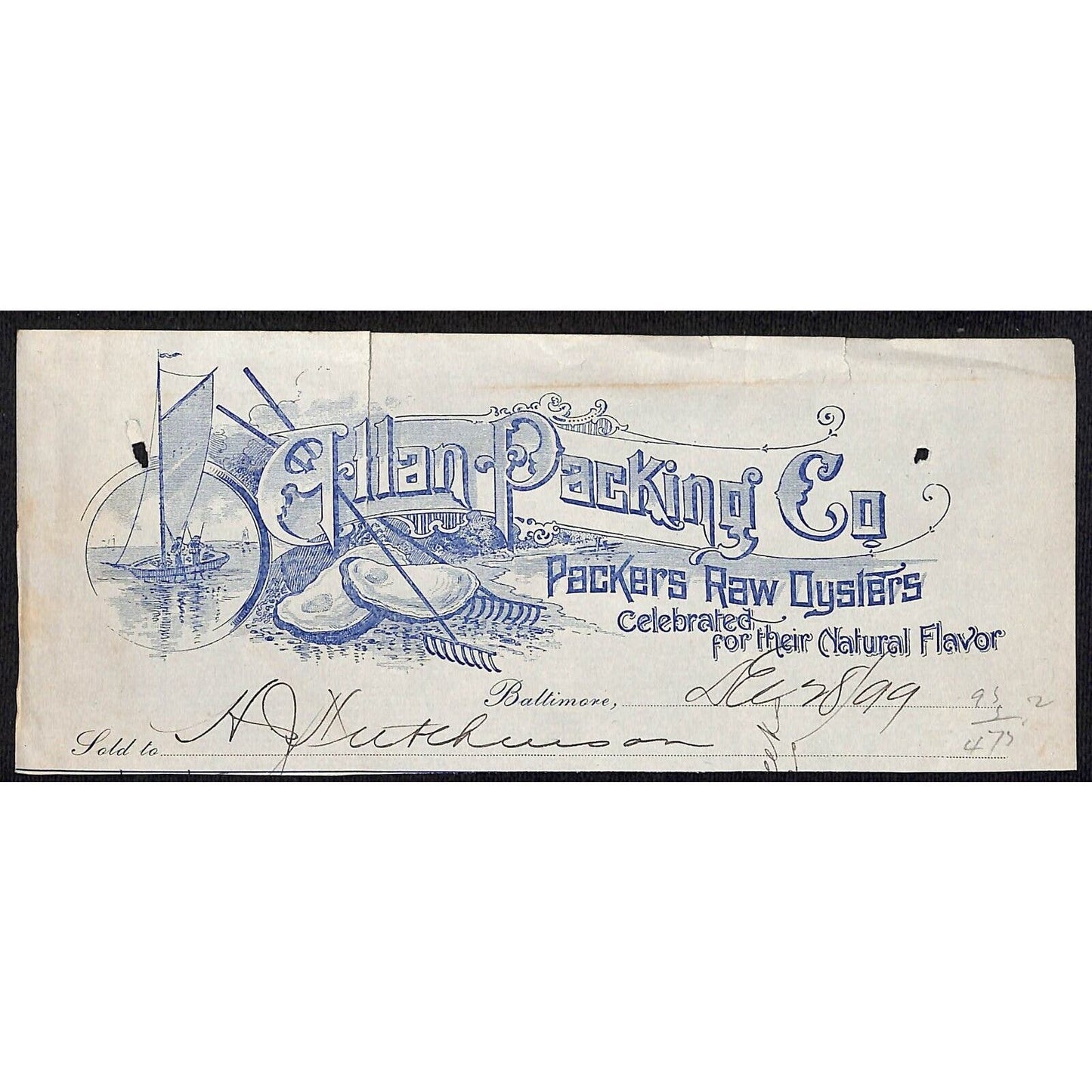 Allan Packing Co. Baltimore Oysters HJ Hutchinson Decorah, IA* Cut 1899 Billhead