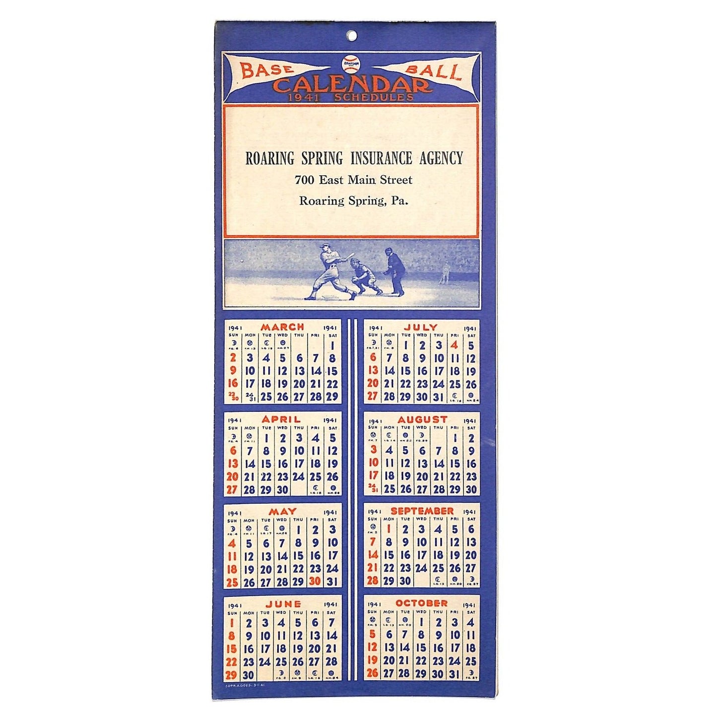 1941 Baseball Calendar Roaring Spring PA 3" x 8" Scarce Complete 20pp VGC