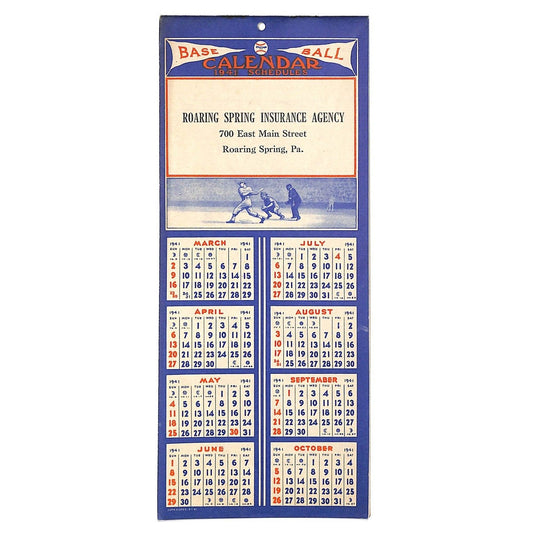 1941 Baseball Calendar Roaring Spring PA 3" x 8" Scarce Complete 20pp VGC