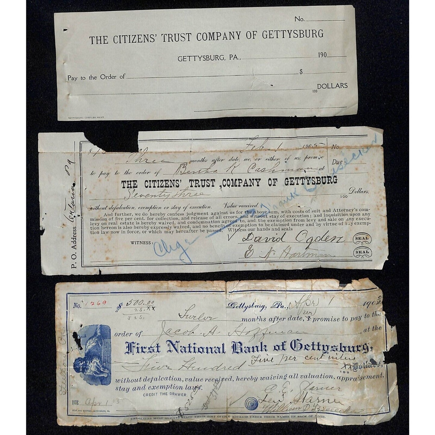 Group of 3 Gettysburg, PA Bank Checks 1903 1905 1900