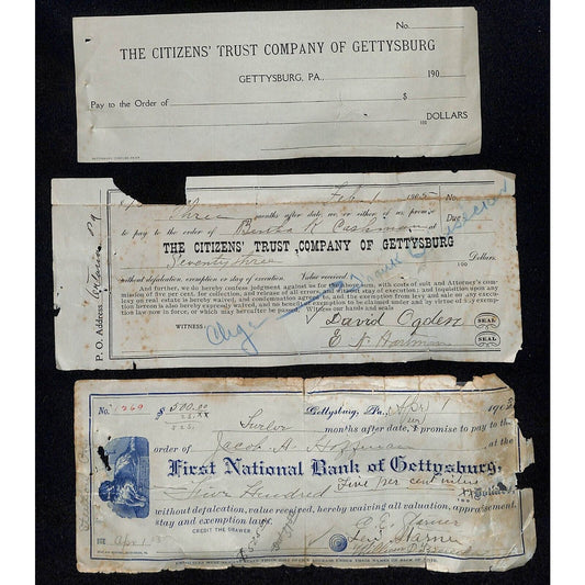 Group of 3 Gettysburg, PA Bank Checks 1903 1905 1900