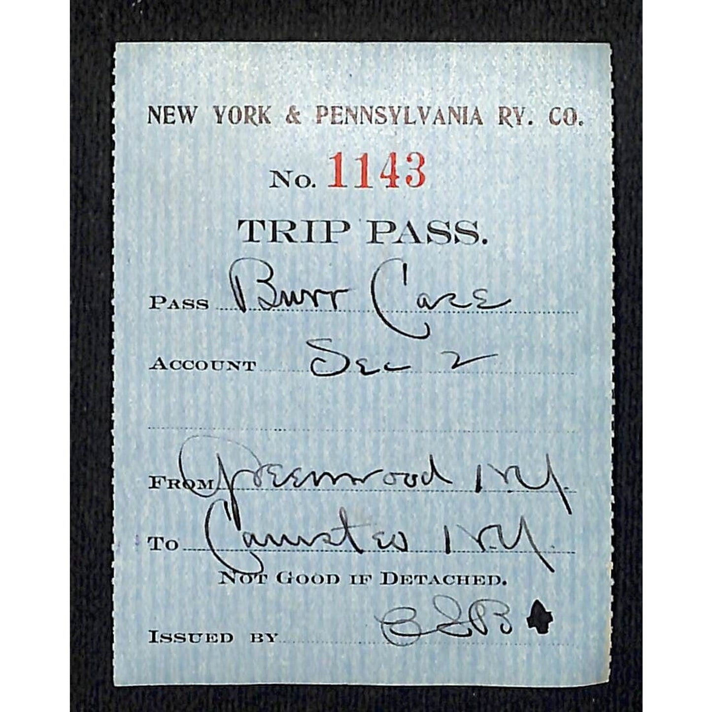 New York & Pennsylvania Ry c1917 Trip Pass Ticket Stub w/Hand Writing #1143