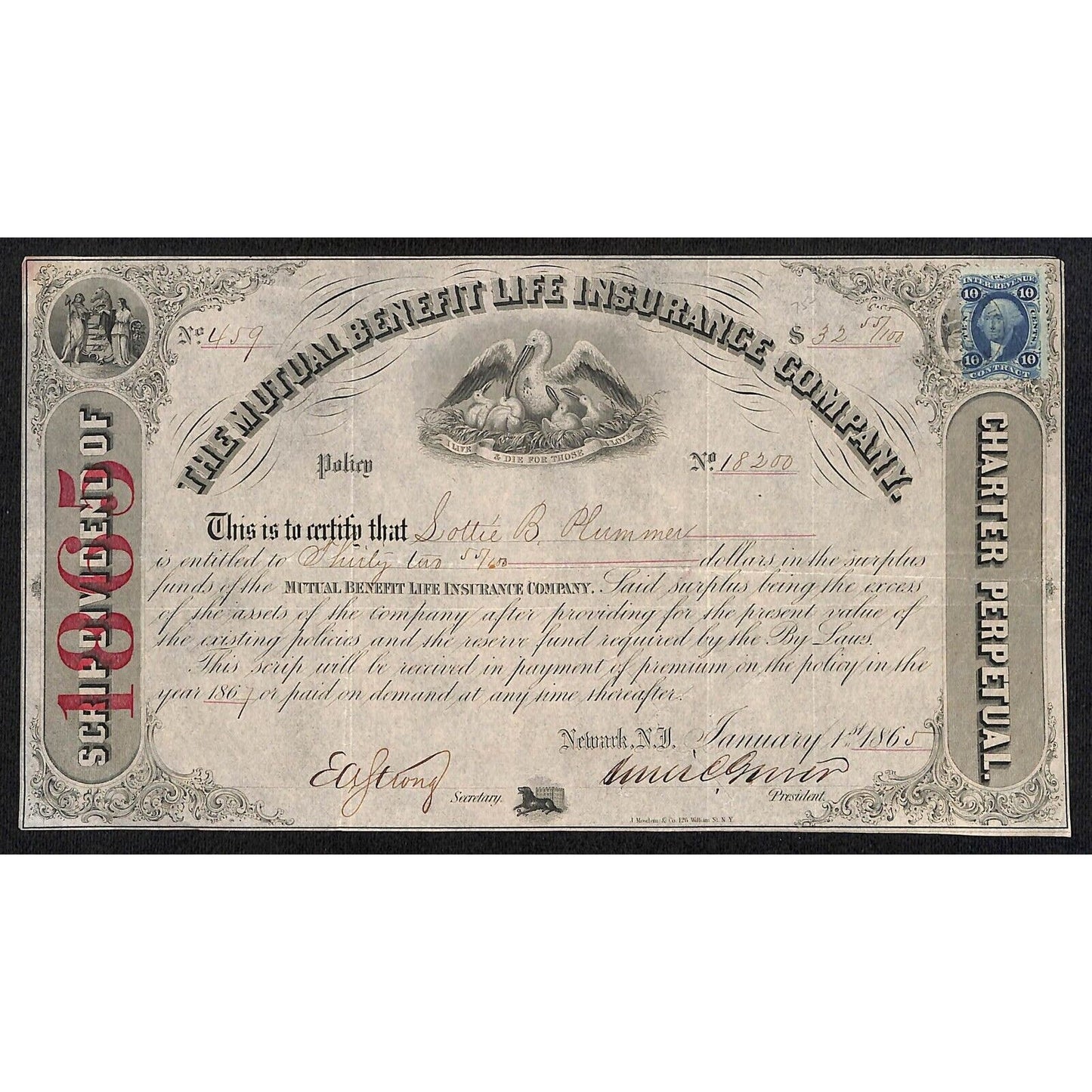 Mutual Benefit Life Insurance Co. 1865 Stock Certificate to Sottie ? B. Plummer