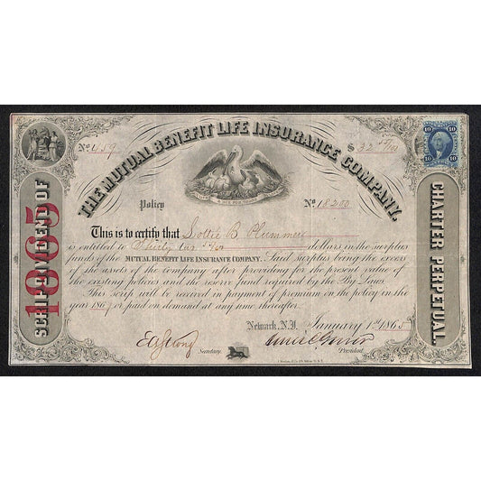 Mutual Benefit Life Insurance Co. 1865 Stock Certificate to Sottie ? B. Plummer